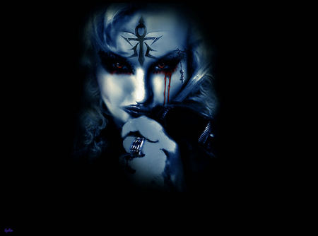 the skull f** cking princess - blood, desktop wallpaper, underworld, female, blue, red, curls, tribal, other, redeyes, devious, queen, photomanipulated, gothic, darkness, vampire, ice, silver, woman, cold, ring, cross, new