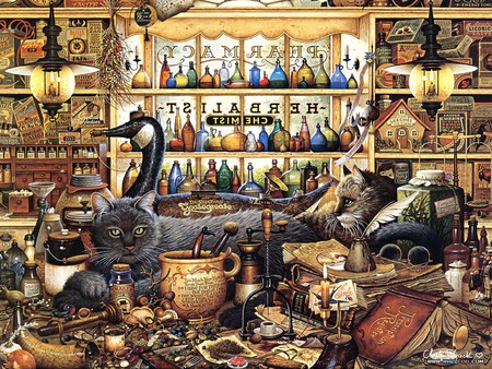 Wysocki Cats - abstract, felines, fantasy, detailed, artwork, cats, whiskers, pharmacy