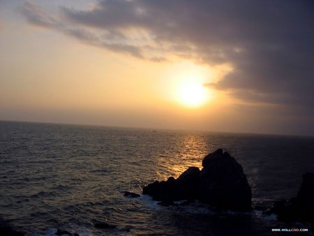 sea sunset - golden reflection, sunset, grey clouds, beautiful, rock, sea, sky