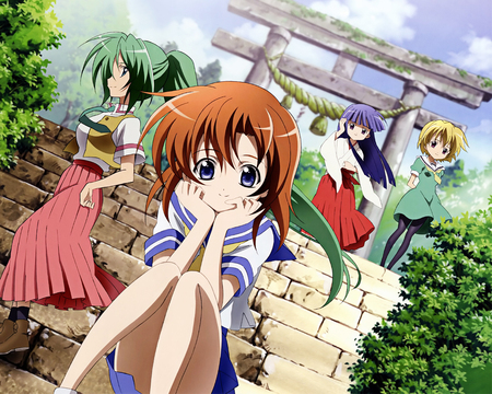 Just Sitting on The Steps - short hair, ryuuguu rena, higurashi no naku koro ni, cute, furude rika, sonozaki mion, long hair, houjou satoko