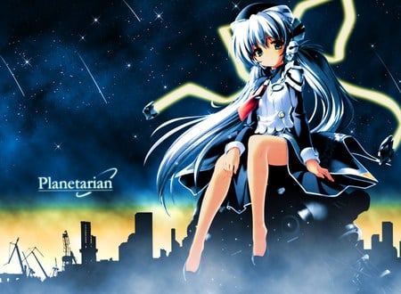 Planetarian - glowing ribbon, city, planetarian, white hair