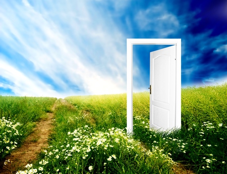 Door Into Another World - beauty, sky, peaceful, field, road, fantasy, path, white, view, pretty, clouds, green, grass, lovely, world, nature, abstract, blue, door, beautiful, flowers, colors