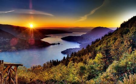 Le Lac Annecy, France - sky, lake, colours, blue, orange, vegetation, sunset