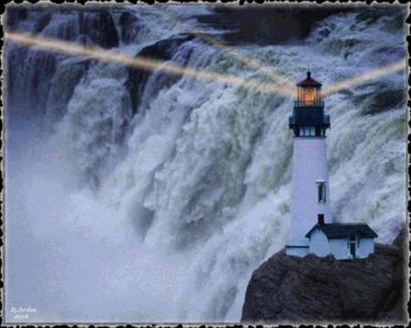 Lighthouse near Waterfall - water, waterfall, lighthouse, cascade, lightbeams