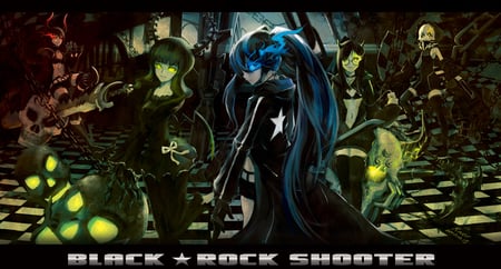 Black Rock Shooter - anime girls, black devil girl, long hair, brs, black gold saw, blue, anime, dead master, skulls, strength, black rock shooter