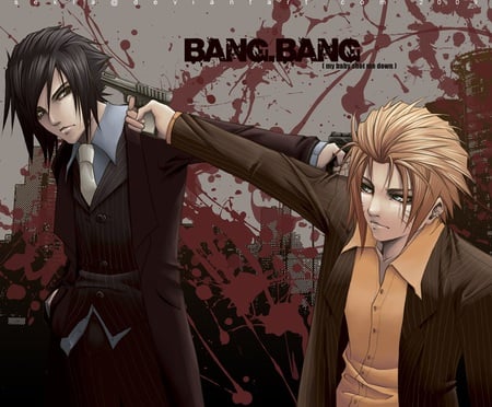 BANG BANG - alternate clothing, uchiha sasuke, naruto uzumaki, pistol, cool, naruto, anime, suits, gangster, naruto shippuuden, sasuke, blood, naruto shippuden, sasuke uchiha, weapons, uzumaki naruto, guns