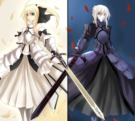 Crossing Swords - saber, fate zero, female, swords, dark saber, armor, blonde hair, petals, anime, skirt, long hair, saber alter, females, fate stay night, saber lily, armour, weapons