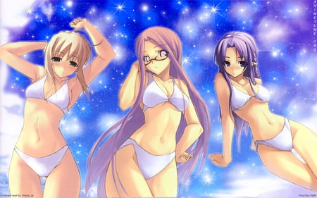 Saber, Rider, Sakura - saber, girls, sakura matou, fsn, blonde hair, blue background, matou sakura, anime, rider, purple eyes, stars, anime girls, blue eyes, long hair, purple hair, females, fate stay night, blue hair, sakura, bikini