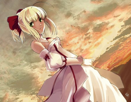 Saber Lily - clouds, saber, anime, anime girl, fate unlimited codes, female, fate zero, girl, blonde hair, sunset, lone, fate stay night, sky