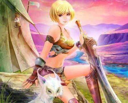 Warrior - anime, female, warrior, scenery, scene, short hair, weapon, fighter, anime girl, hot, girl, sword, scenic, creature, blade, fantasy, cute, sexy