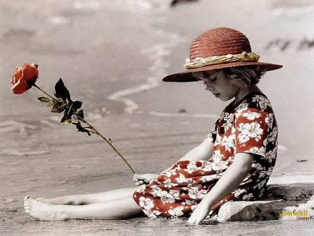 Thinking of you... - pensive, love, beach, child, rose, flower