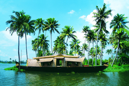 nature landscape - sky, trees, landscape, water, palms, lakes, nature, clouds, rivers, boat