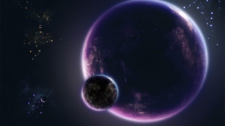 Puprle Space - moon, purple, stars, purple space, planet, black, space