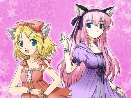 Neko Rin & Luka - virtual, kagamine, neko, cat, vocaloids, song, blonde, megurine, singer, megurine luka, purple, cool, pink, awesome, vocaloid, yellow, anime, cute, rin, beautiful, hot, girl, anime girl, bow, blonde hair, pink hair, luka, program, aqua eyes, pretty, aqua, beauty, kagamine rin, yellow hair, dress, diva, ears, nice, sexy, idol, music