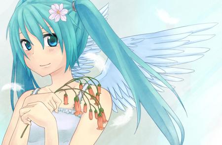 Hatsune Miku - pretty, angel, flowers, nice, angeloid, program, beauty, virtual, white, wings, green, cute, aqua eyes, feathers, song, vocaloid, anime, twintail, dress, hatsune miku, music, aqua, idol, anime girl, beautiful, singer, girl, blush, cool, orange, miku, awesome, diva, aqua hair, hatsune, vocaloids