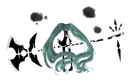 The Reaper - pretty, nice, scythe, program, reaper, sword, beauty, virtual, white, cute, aqua eyes, song, vocaloid, anime, underworld, twintail, hatsune miku, music, aqua, idol, anime girl, beautiful, singer, girl, cool, black, hell, miku, awesome, diva, aqua hair, hatsune, vocaloids