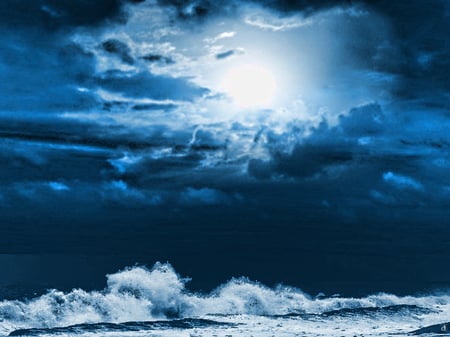 Ocean blue - moon, ocean, clouds, waves