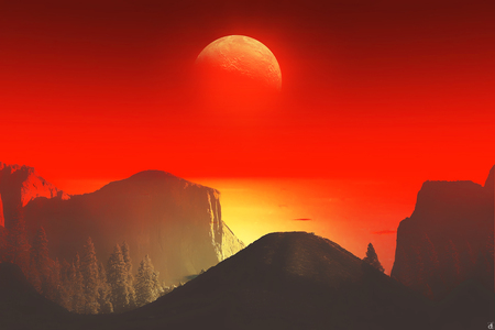 The moon is red - moon, mountains, red, sky