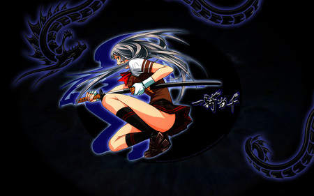 Chouun Shiryuu - anime, anime girl, female, skirt, blue, sword, cool, shiryuu, long hair, ikki tousen, chouun, black, dragon, sexy