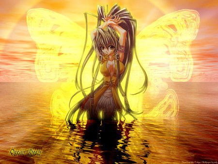 Butterfly - anime, sunset, wings, girl, butterfly, sea