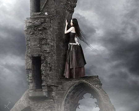 The Goth and the Tower - sky, female, bricks, goth, tower, fantasy, gothic, abstract, ruins, artwork, clouds