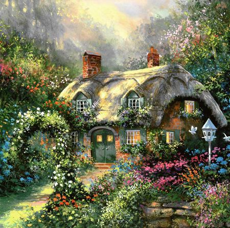 cottage lane - flowers, trees, door, birds, windows, birdhouse, cottage