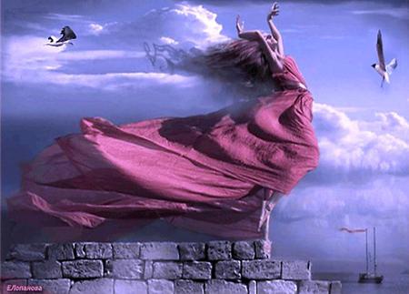 Free to be - woman, freedom, cliff, clouds, pink dress, wind, birds