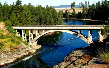 open road over water - sky, trees, hills, water, road, bridges