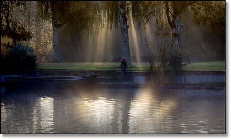 First light - trees, water, boat, landscape, light, reflection, popular, sunset, nature, places, lakes, sun