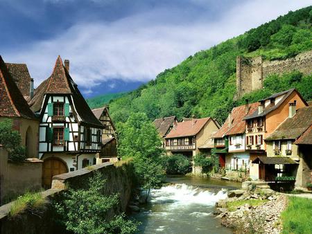 Kaysersberg village - photograph, mountains, creek, village, country, france, architecture, houses, trees, nature