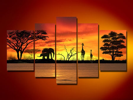 Visions of Africa II - trees, animals, acacia, sunset, fantasy, giraffe, elephant, abstract, artwork