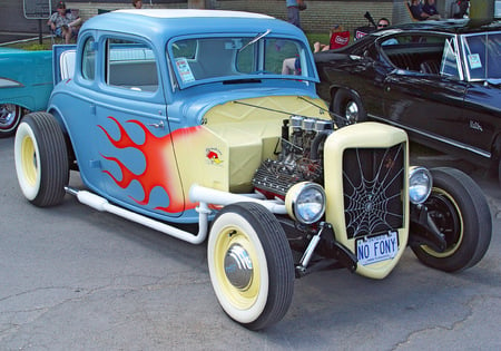 1934 Ford 5 Window - ford, flames, car, 5 window, blue