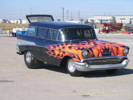 1957 Chevrolet stationwagon drag car - chevy, drag, flames, classic, race car