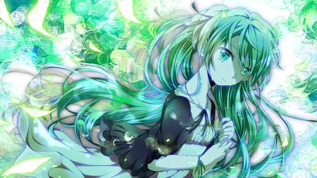 Hatsune Miku - tears, aqua, thighhighs, colorful, music, anime girl, white, art, cool, aqua eyes, artistic, hatsune miku, skirt, song, vocaloids, program, vocaloid, beautiful, diva, dress, beauty, nice, twintail, singer, aqua hair, black, virtual, painting, pretty, idol, green, anime, miku, cute, brush, girl, crying, drawing, hatsune, green eyes, blue, awesome, colors, green hair