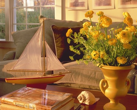 of the sea - flowers, vase, shell, window, ship, room, table, books