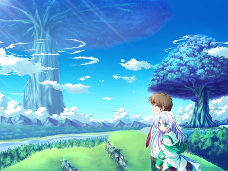 World tree - sky, clouds, anime, tree, grass