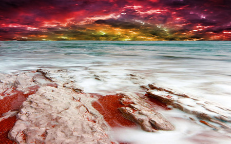 The Ember - clouds, beach, red, stormy, wave, rocks