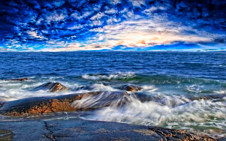 Ticking Of Times - sky, rocks, wave, beauty, clouds, beach, blue