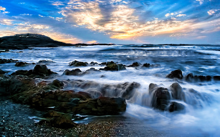 Will Be Back - sky, beach, blue, wave, rocks