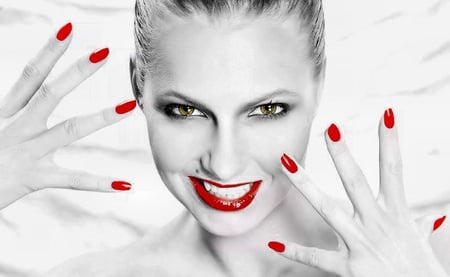 Nails And Lips - woman, nice, lips, female, eyes, photography, model, face, white, pretty, nails, lady, girl, fashion, lovely, red, beautiful