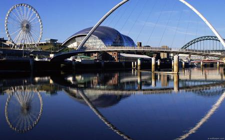 bridge-reflection - bridges, water, blue, landscape, city, reflection, architecture, sky