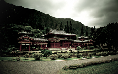 Byudo in Temple - manicured, overcast, beautiful, garden, temple, mountains, architecture, religious