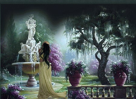 The garden - flowers, yellow dress, trees, fountain, woman, garden, mist, lilacs