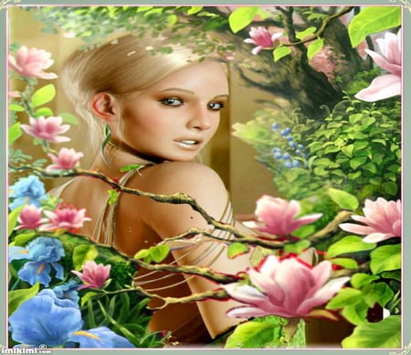 Beauty in the blooms - blond, pink, beauty, flowers, spring, woman, blue, green