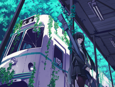 Resting - train, beauty, nature, pretty, beautiful, green, anime girl, cute