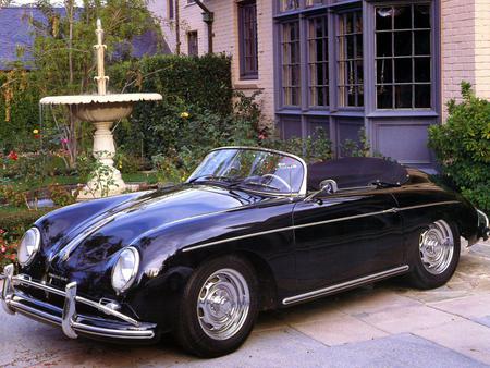 1955 Porsche 356A speedster - photograph, cabriolet, black, speedster, fountain, garden, old, car, porsche, house, classic, 1955