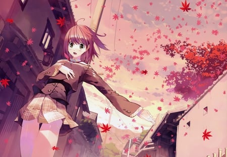 Flower storm - anime, girl, flower, red