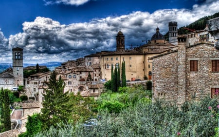 Adventure Assisi Italy - clouds, town, blue, beautiful, architecture, quaint, skies, picturesque, hdr, houses