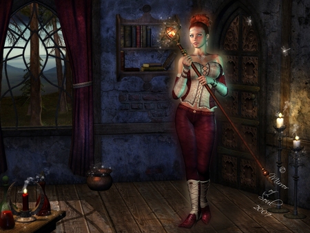 Chronicles - woman, candles, magic, book, staff