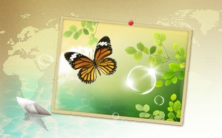 Spring Art !!! - abstract, 3d-art, green, boat, water drop, butterfly, background, leaf